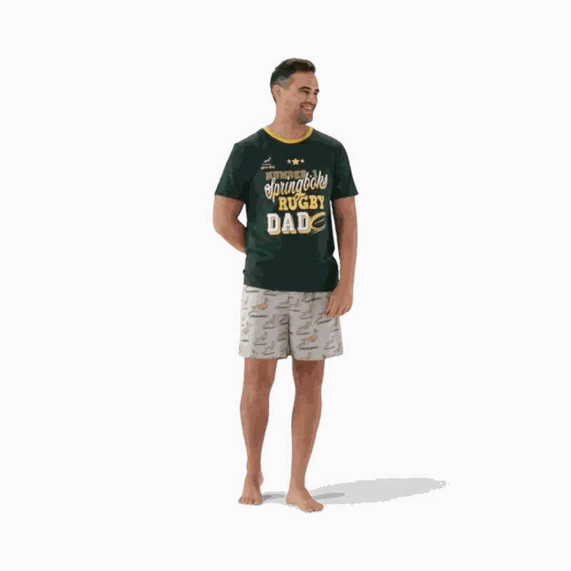 Man wearing 2XL Springbok Pajama Set with green rugby dad shirt and logo shorts