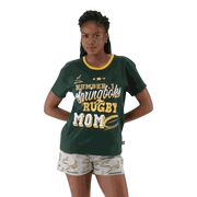 Springbok Rugby Mom women's pajama set with green short-sleeve top and grey shorts, 100% cotton, X-Large