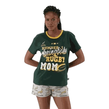 Springbok Rugby Mom women's pajama set with green short-sleeve top and grey shorts, 100% cotton, X-Large