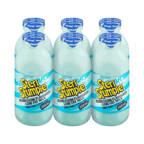 6-pack Steri Stumpie Milk Bubblegum flavored low fat 350ml bottles with sterilised packaging