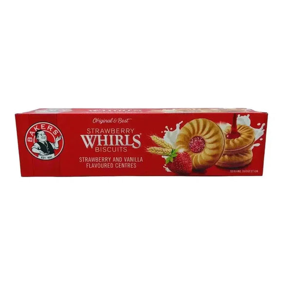 Bakers Strawberry Whirls 200g bright red swirled strawberry snacks