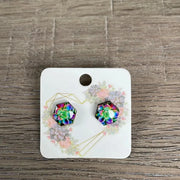 Stud Earrings - Hexagon Green and Pink Succulents - Something From Home - South African Shop