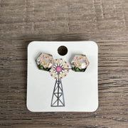 Stud Earrings - Hexagon Open Protea - Something From Home - South African Shop