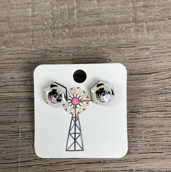 Stud Earrings - Hexagon Pug Faces - Something From Home - South African Shop