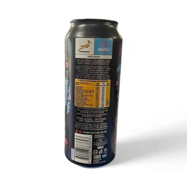 500ml can of Switch Iron Brew Candy Floss energy drink with product details on the label.