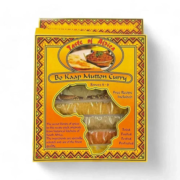 Taste of Africa Bo Kaap Mutton Curry spice mix packet with recipe for authentic South African curry