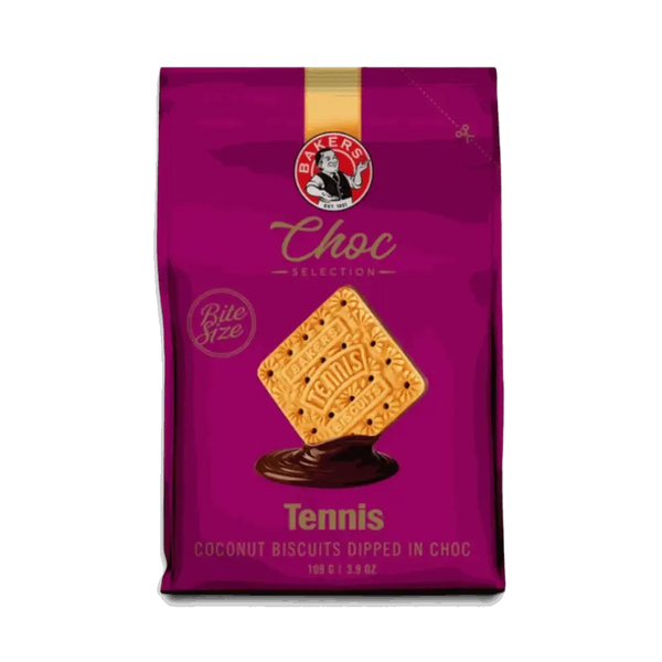 Bakers Tennis Choc Selection bite-size coconut biscuits coated in chocolate, 109g pack