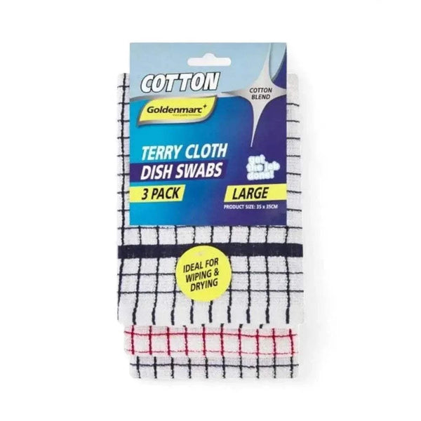 Set of 3 large terry cloth dish swabs, 100% cotton, machine washable, ideal for wiping and drying dishes