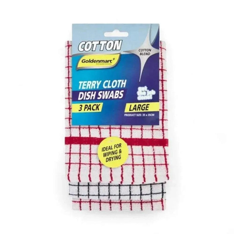 Set of 3 large Terry Cloth Dish Swabs in red and black grid pattern, 100% cotton, machine washable, ideal for wiping and drying dishes.