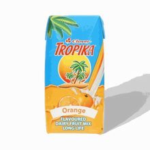 Tropika Orange flavoured dairy fruit mix 200ml carton with tropical design and orange fruit images