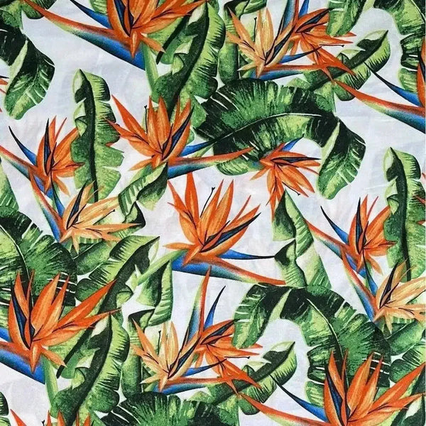 White tablecloth with watercolor strelitzia design on 275cm x 140cm fabric