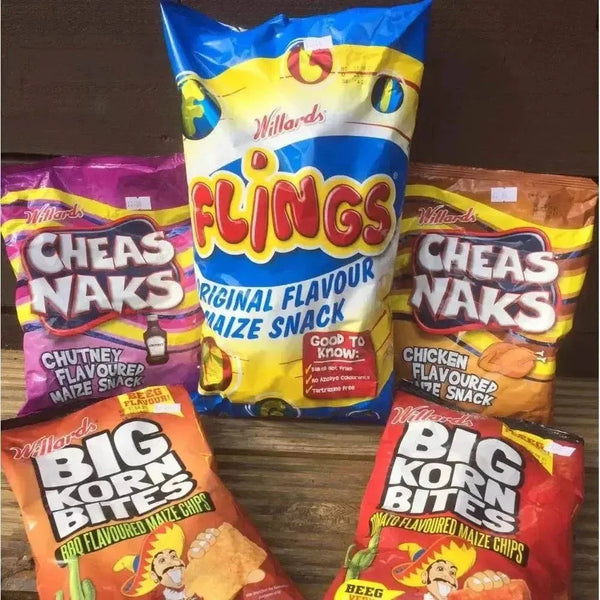 Willards Flings 150g packet of bite-sized fluffy maize snacks with bold flavor and South African origin
