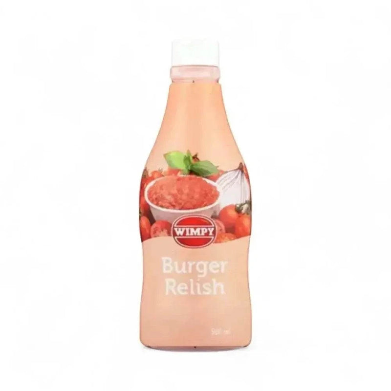 Wimpy Burger Relish Sauce 500ml bottle with tangy flavor-enhancing ingredients.