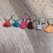 Set of 6 colorful tassel wine glass charms, Wine Glass Charms - Tassels 2, 4cm rings