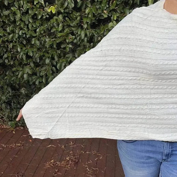 Cream knitted cotton Winter Poncho with round neck
