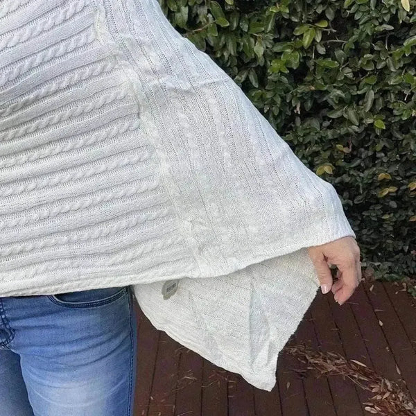 Cream knitted cotton Winter Poncho with round neck