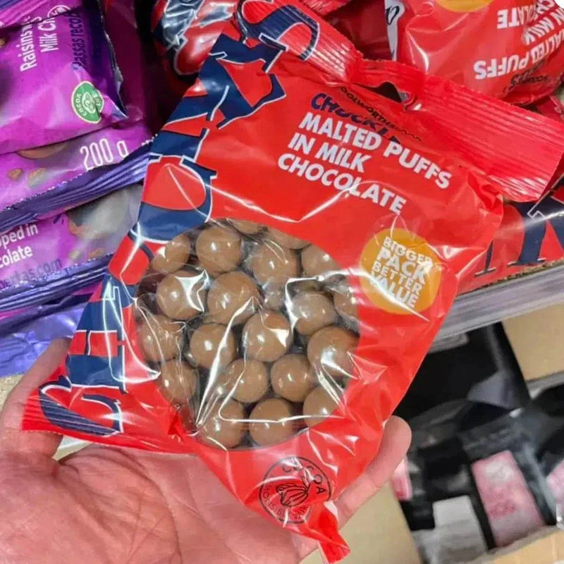 Woolworths CHUCKLES® Malted Puffs 125g milk chocolate coated crunchy malted honeycomb spheres