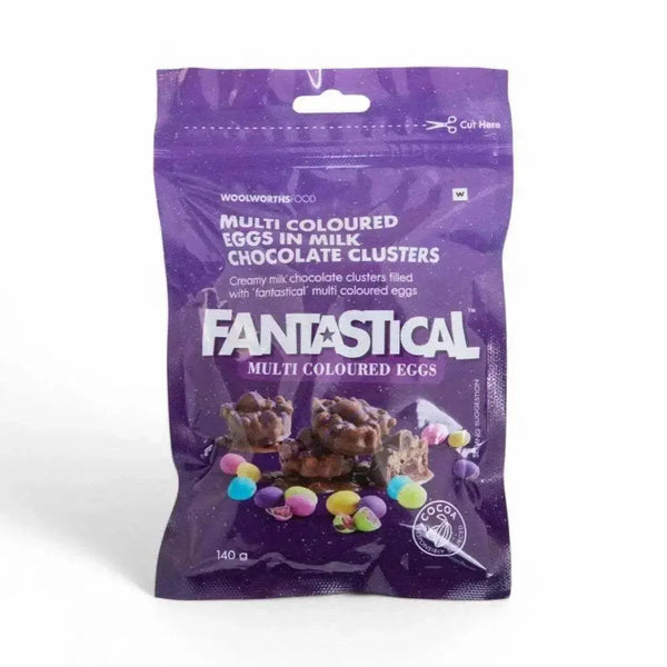 Woolworths Fantastical Bites milk chocolate clusters with colorful candy eggs in 140g pack