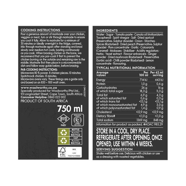 Woolworths Original BBQ Braai Marinade 750ml bottle for South African braai cooking