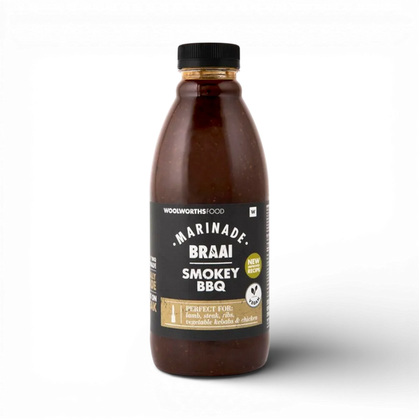 Woolworths Smokey BBQ Braai Marinade 750ml bottle with rich smoky South African braai flavor