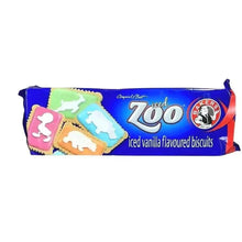Bakers Iced Zoo Biscuits 150g with colorful iced animal shapes on vibrant backgrounds for a fun party treat
