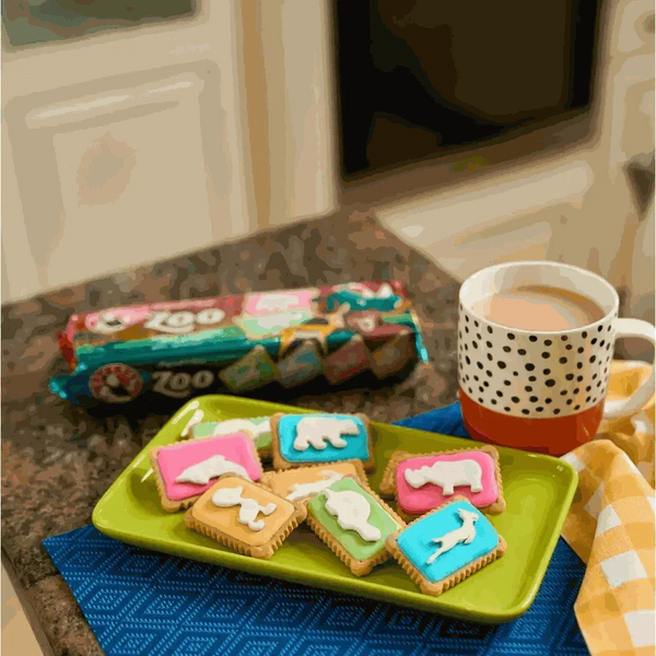 Bakers Zoo Biscuits pack featuring colorful iced animal-shaped party biscuits