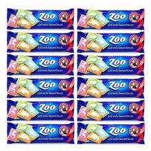 Pack of 12 Bakers Zoo Biscuits 150g with colorful iced animal shapes on vibrant backgrounds