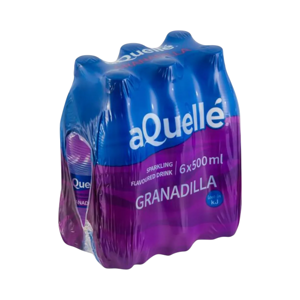 aQuellé Granadilla Flavoured Sparkling Water six-pack of 500ml bottles angled view