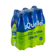 aQuellé Lemon Flavoured Sparkling Water six-pack of 500ml bottles angled view