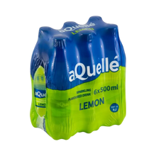 aQuellé Lemon Flavoured Sparkling Water six-pack of 500ml bottles angled view