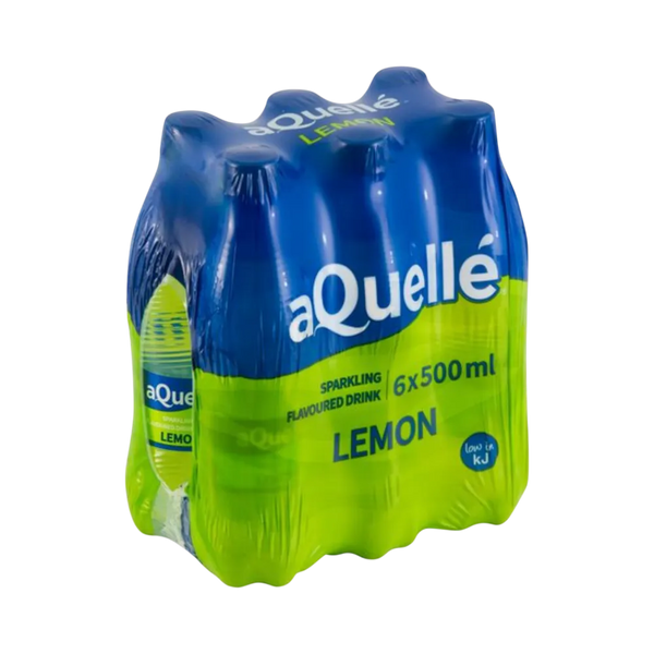 aQuellé Lemon Flavoured Sparkling Water six-pack of 500ml bottles angled view