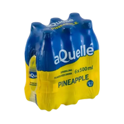 aQuellé Pineapple Flavoured Sparkling Water six-pack of 500ml bottles angled view
