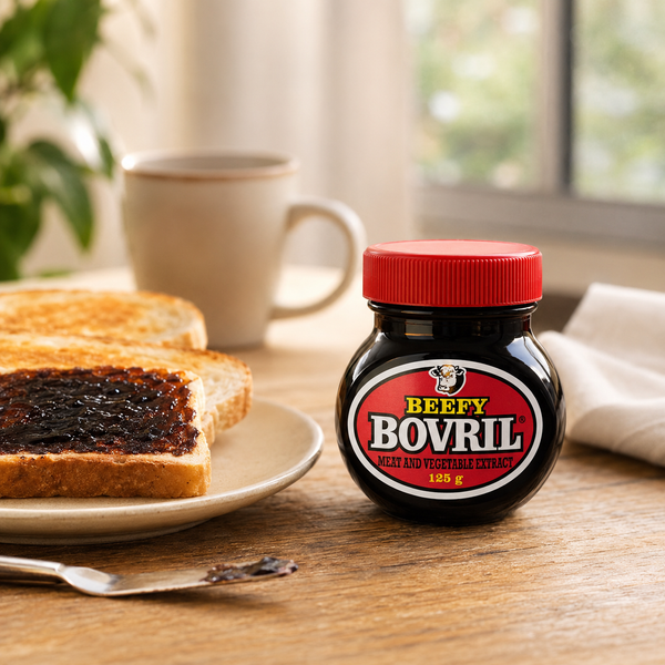 Beefy Bovril 125g jar with Bovril spread on toast