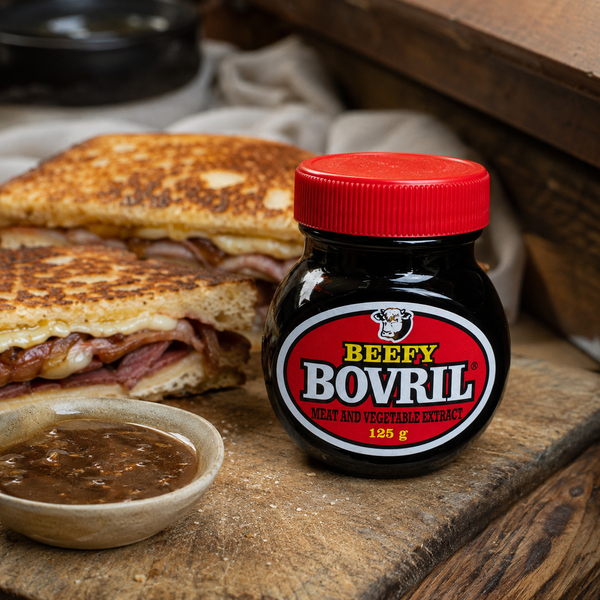 Beefy Bovril 125g jar served with a toasted sandwich and gravy