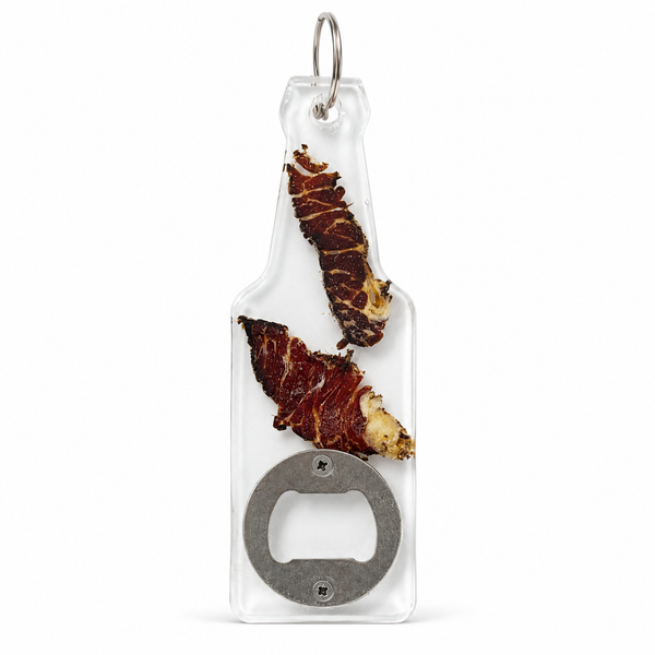 Biltong slice Perspex bottle opener with keyring