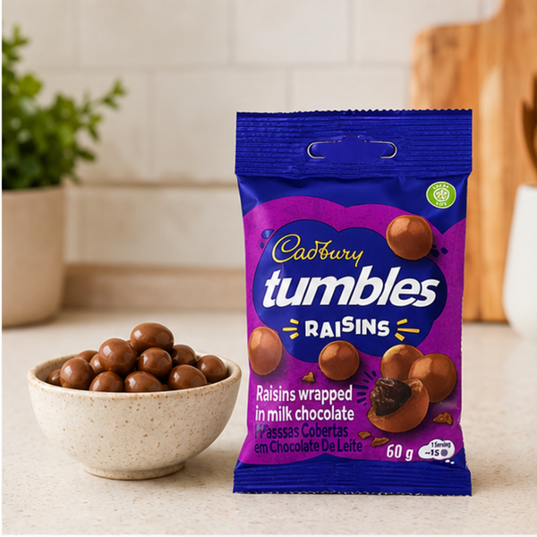 Cadbury Tumbles Raisins 60g with chocolate-coated raisins in a bowl