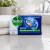 Dettol Active Bath Soap 175g on bathroom vanity with towels