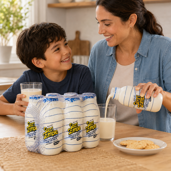Parent and child enjoying Steri Stumpie Vanilla 350ml milk