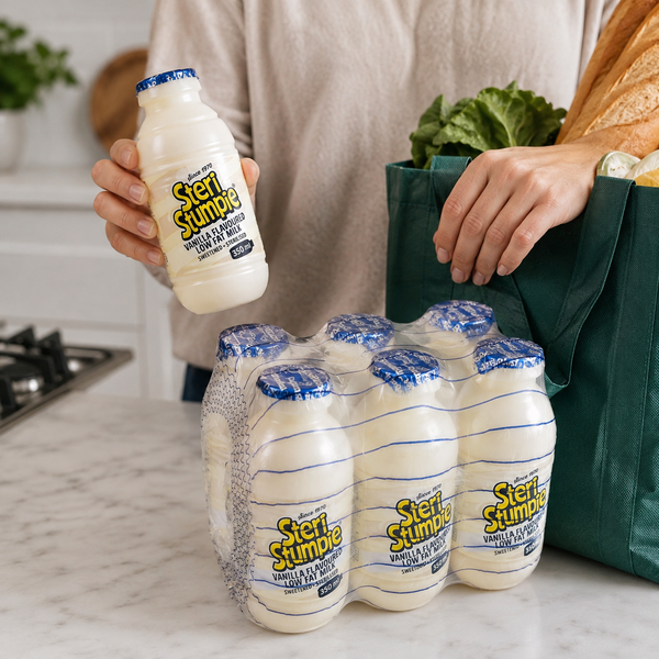 Steri Stumpie Vanilla 350ml six pack in a grocery lifestyle scene